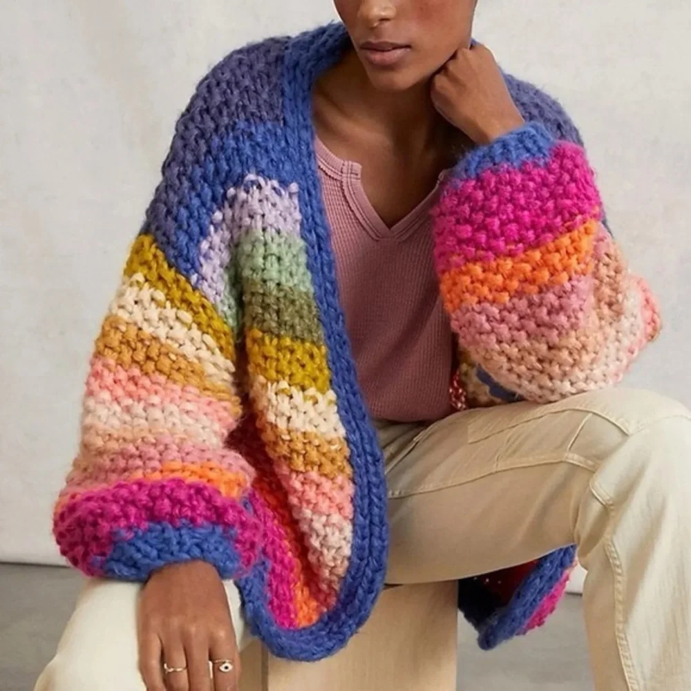 Saachi Mayflower stripe crocheted cardigan Multicolor Chunky Knit Sweater